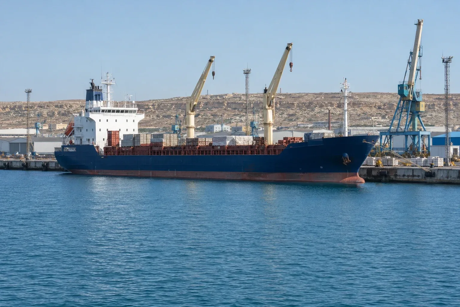 Коммерческое судно у порта Актау на Каспийском море в Казахстане. Демонстрационное изображение, создано ИИ.